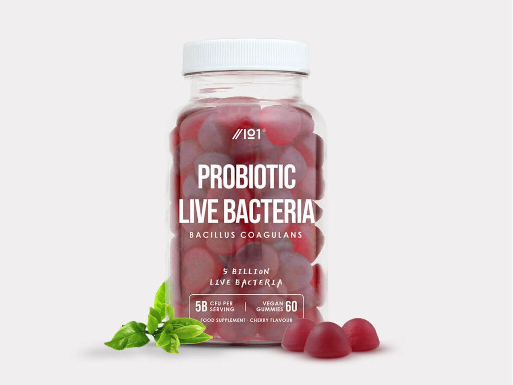Bottle of 60 vegan probiotic gummies with 5 billion Bacillus coagulans live bacteria, cherry flavour