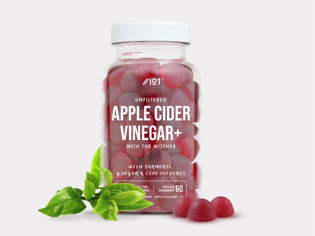 Bottle of 60 vegan gummies with apple cider vinegar 1000mg, turmeric, ginger, probiotics