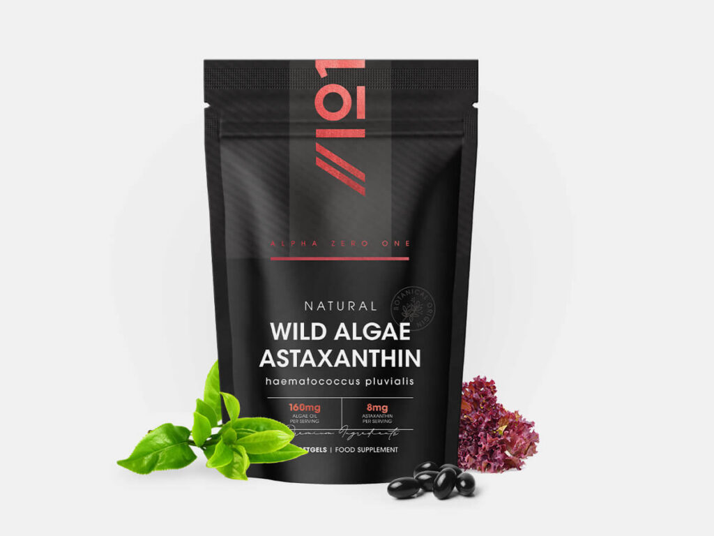 Bottle of 90 softgel capsules containing 8mg Astaxanthin from wild algae with MCT oil