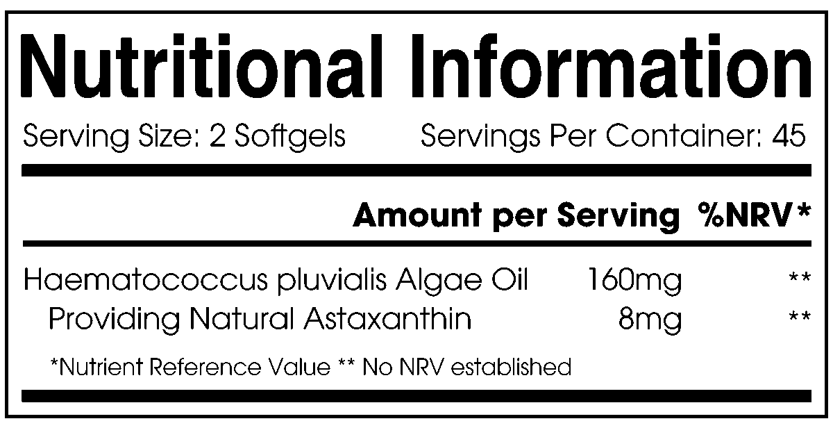 Nutritional information panel of Alpha01 Astaxanthin per 2 softgels: Haematococcus pluvialis algae oil 160mg providing natural astaxanthin 8mg, no NRV established, 45 servings