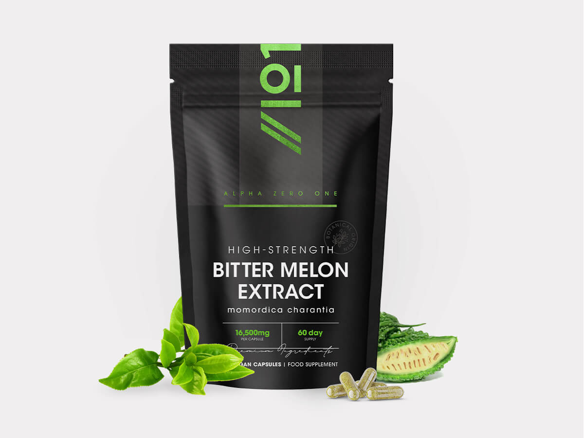 Bottle of 60 vegan capsules containing 16,500mg high strength Bitter Melon extract