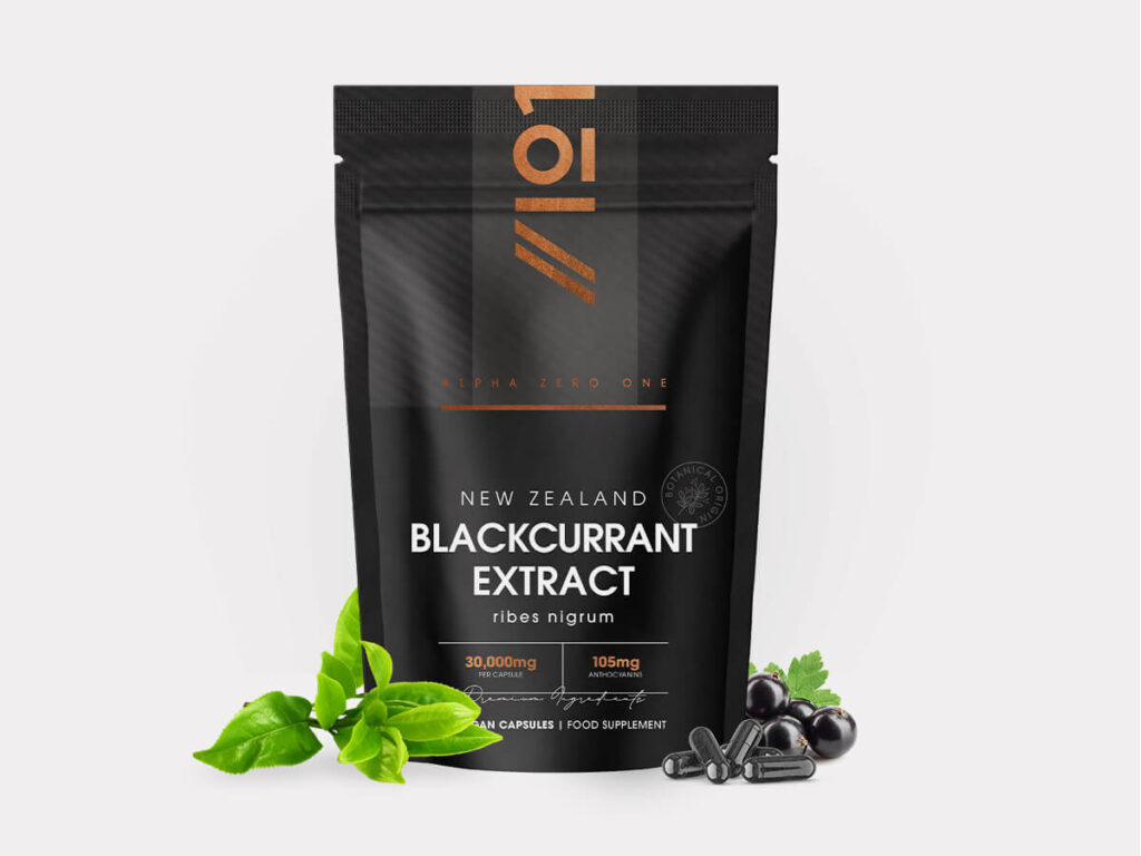 Resealable pouch with 30 vegan capsules containing 30000mg New Zealand Blackcurrant extract, 35% anthocyanins