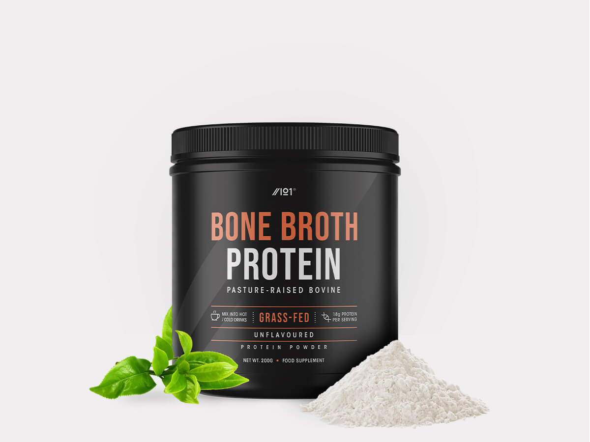 Container of Alpha01 Bone Broth Protein Powder 200g unflavoured, 100% grass-fed beef collagen