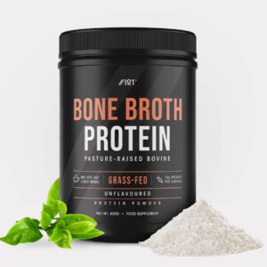 Container of 400g powder, bone broth protein from 100% grass-fed beef, unflavoured