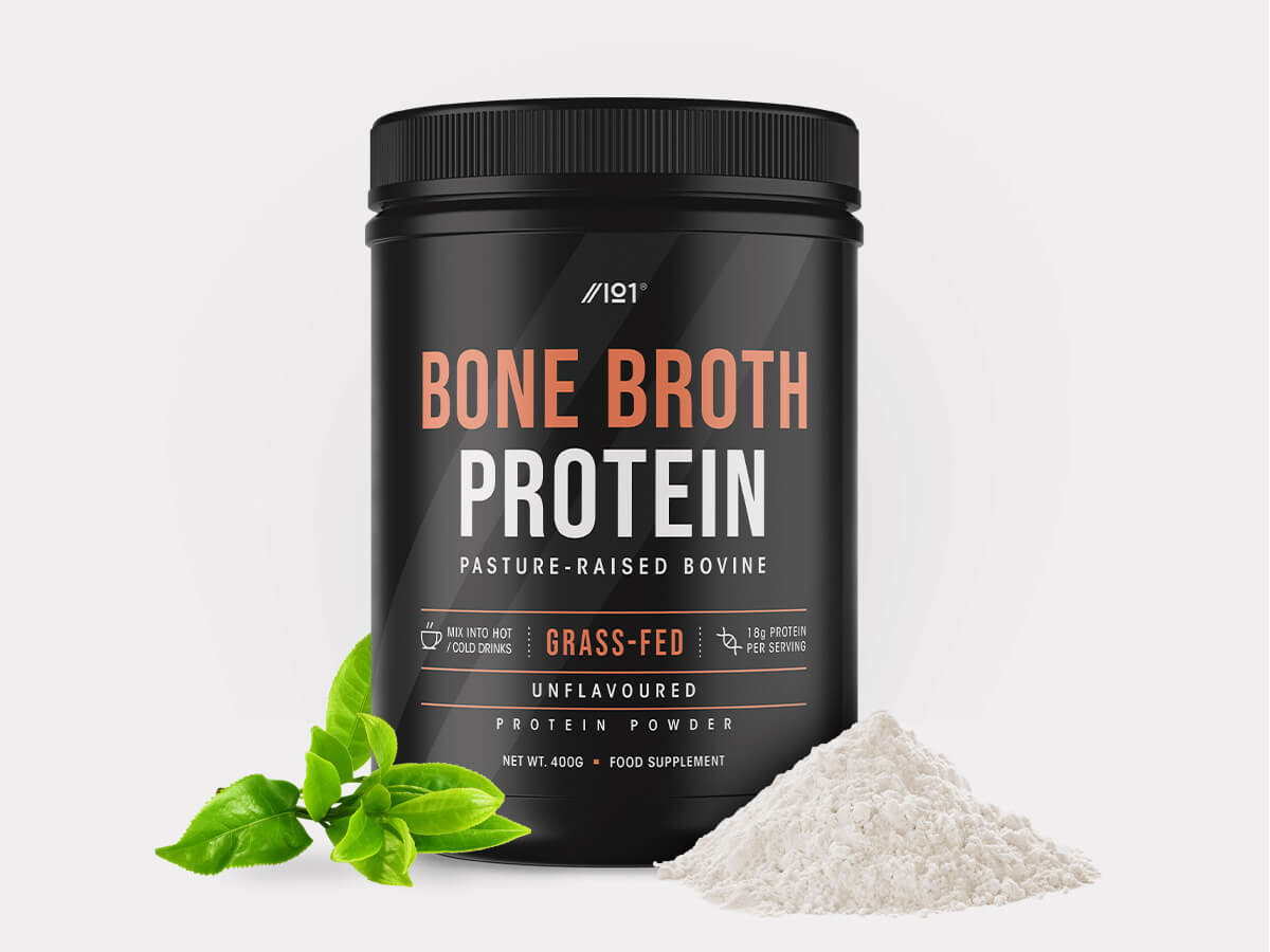 Container of 400g powder, bone broth protein from 100% grass-fed beef, unflavoured