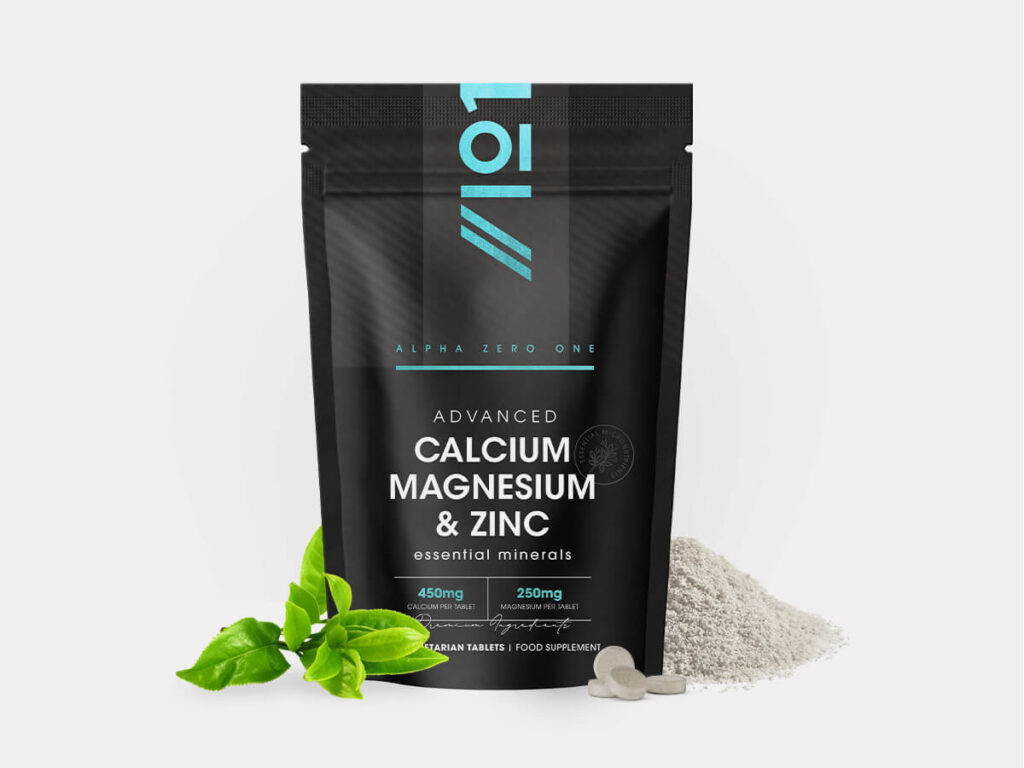 Bottle of 365 tablets with calcium, magnesium, zinc, and vitamin D3 by Alpha01 in resealable pouch