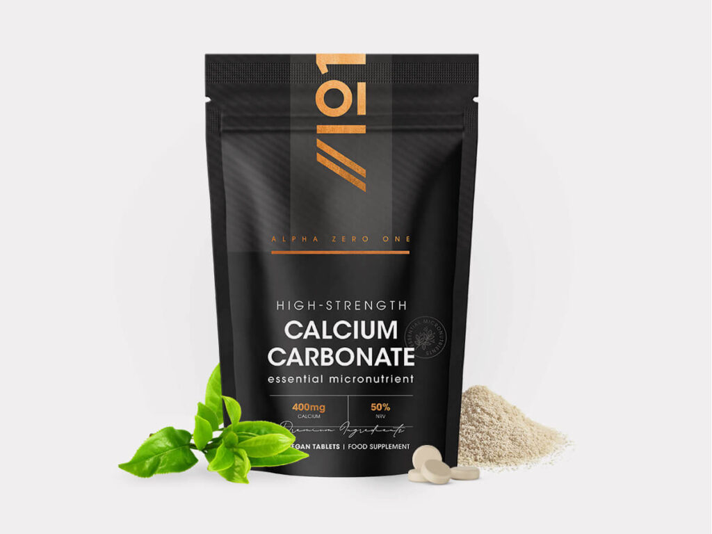 Resealable pouch with 180 vegan calcium carbonate tablets, 400mg per tablet