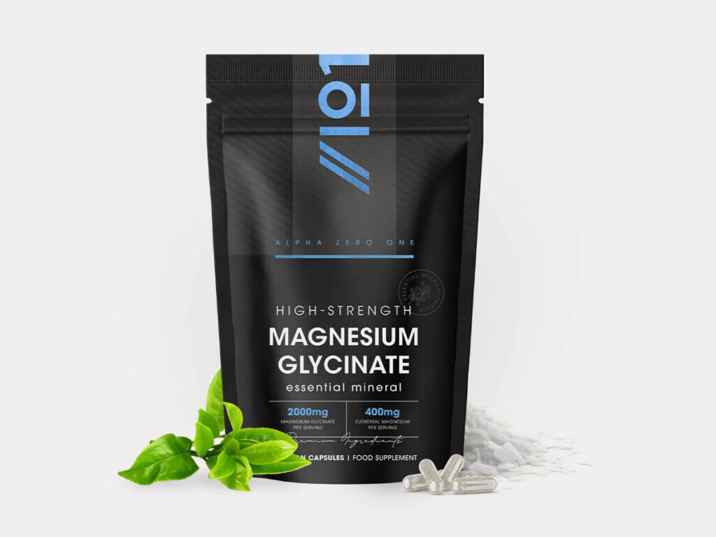 Bottle of 90 vegan capsules with elemental chelated magnesium glycinate 400mg