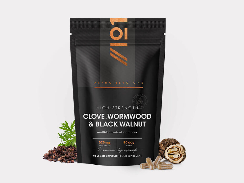 Resealable pouch with 90 vegan capsules containing clove, wormwood, and green black walnut hull