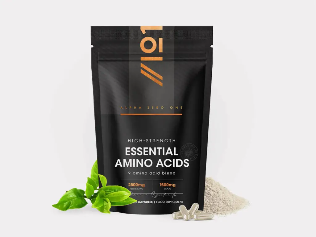 Bottle of 180 vegan capsules containing Essential Amino Acids with BCAAs and BioPerine