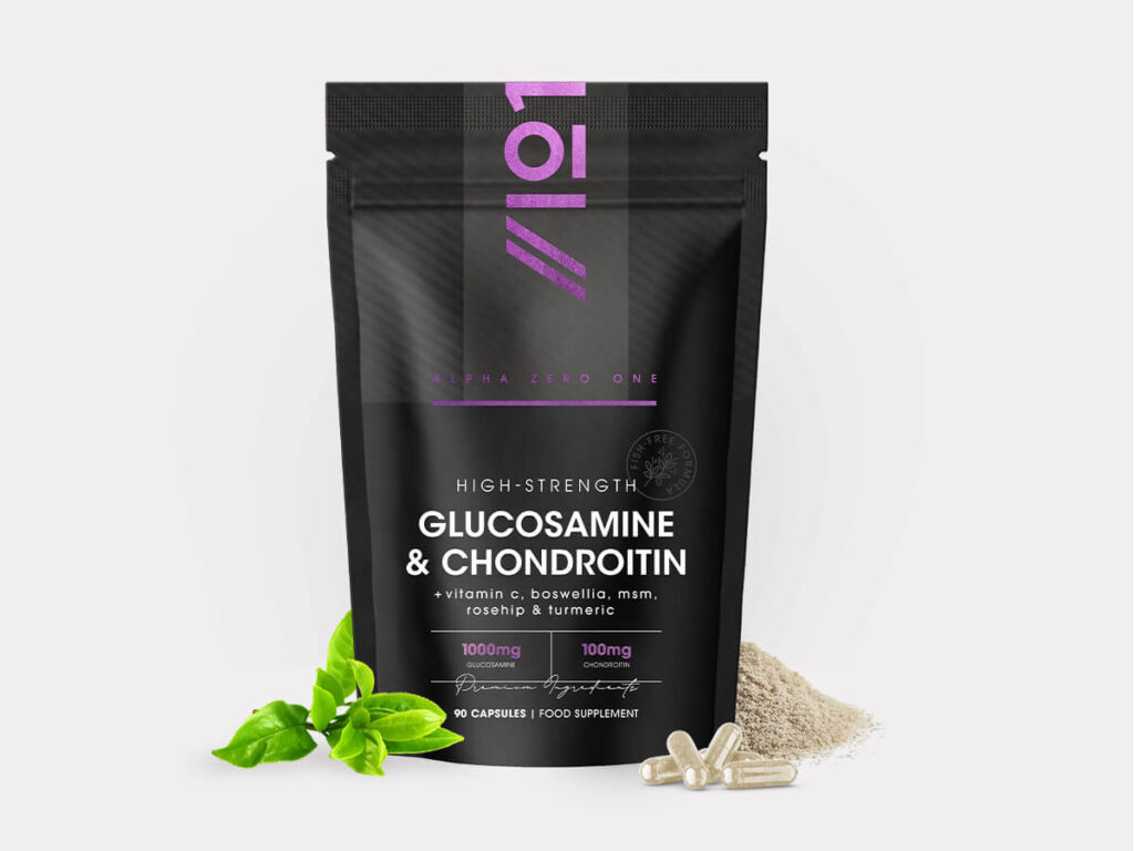 Bottle of 90 capsules containing glucosamine, chondroitin, MSM, boswellia, rosehip, ginger, turmeric