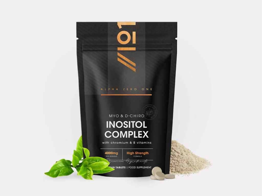 Bottle of 60 vegan tablets with myo-inositol, D-chiro inositol, chromium, folic acid, vitamin B6