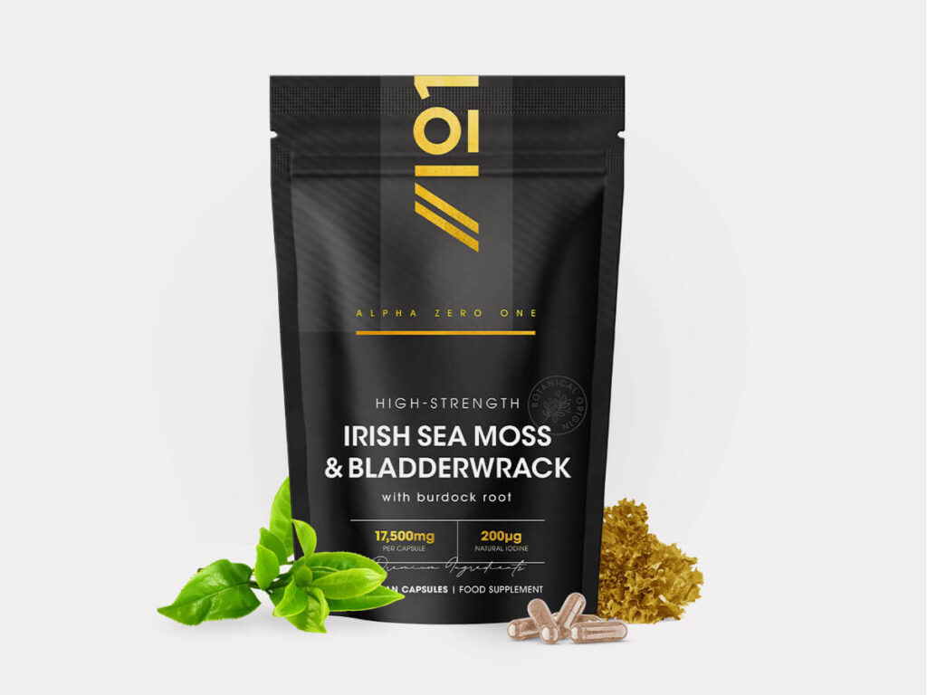 Bottle of 90 vegan capsules containing Irish Sea Moss, Bladderwrack, and Burdock Root Extract