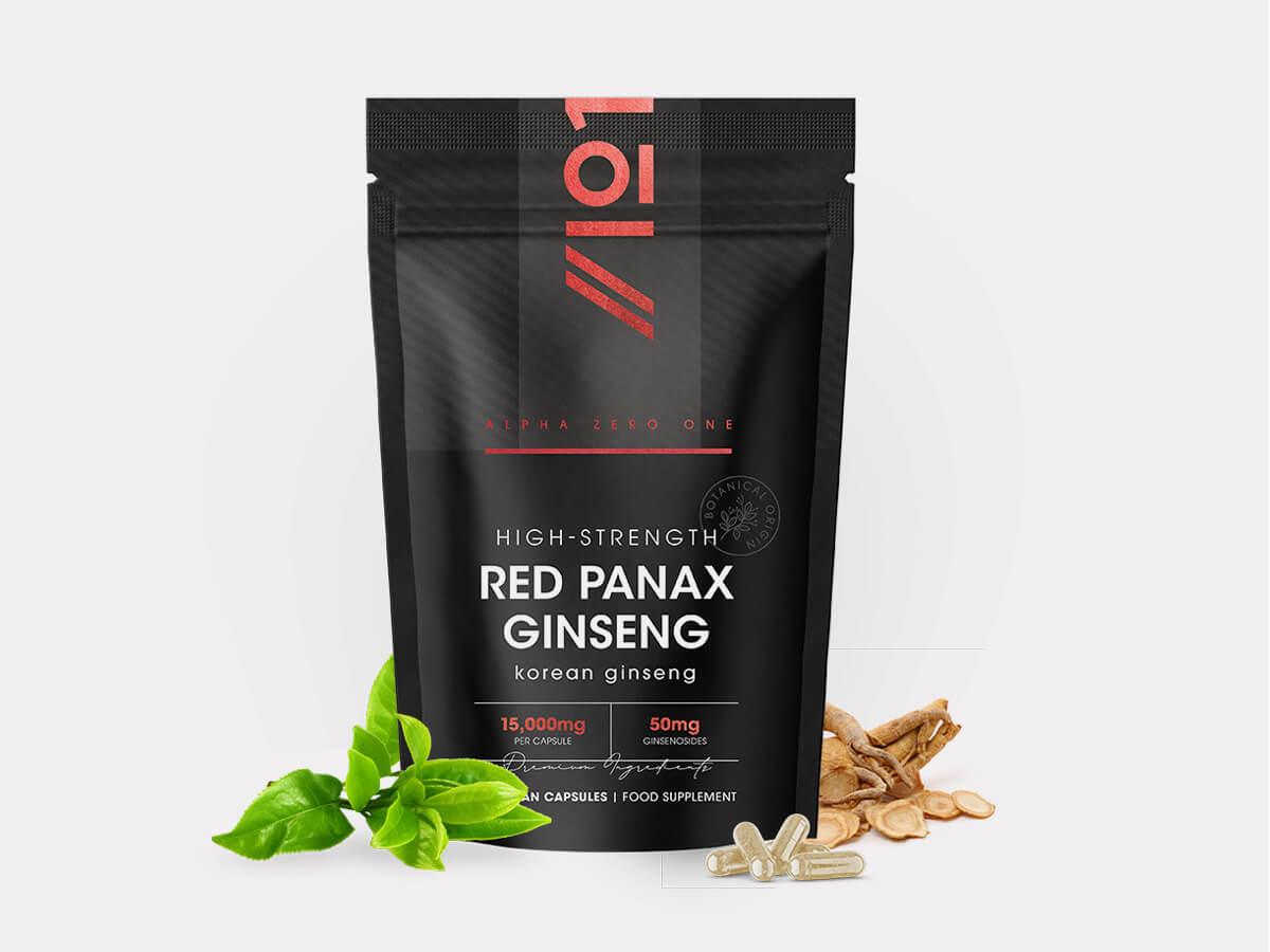 Alpha01 bottle with 90 capsules of Korean Red Panax Ginseng containing 15000mg root extract