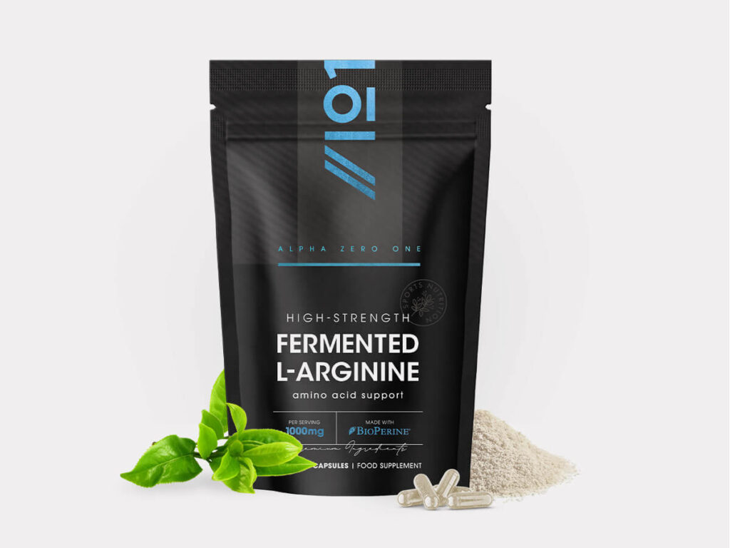 Bottle of 90 vegan capsules containing fermented L-Arginine, BioPerine, and Biotin