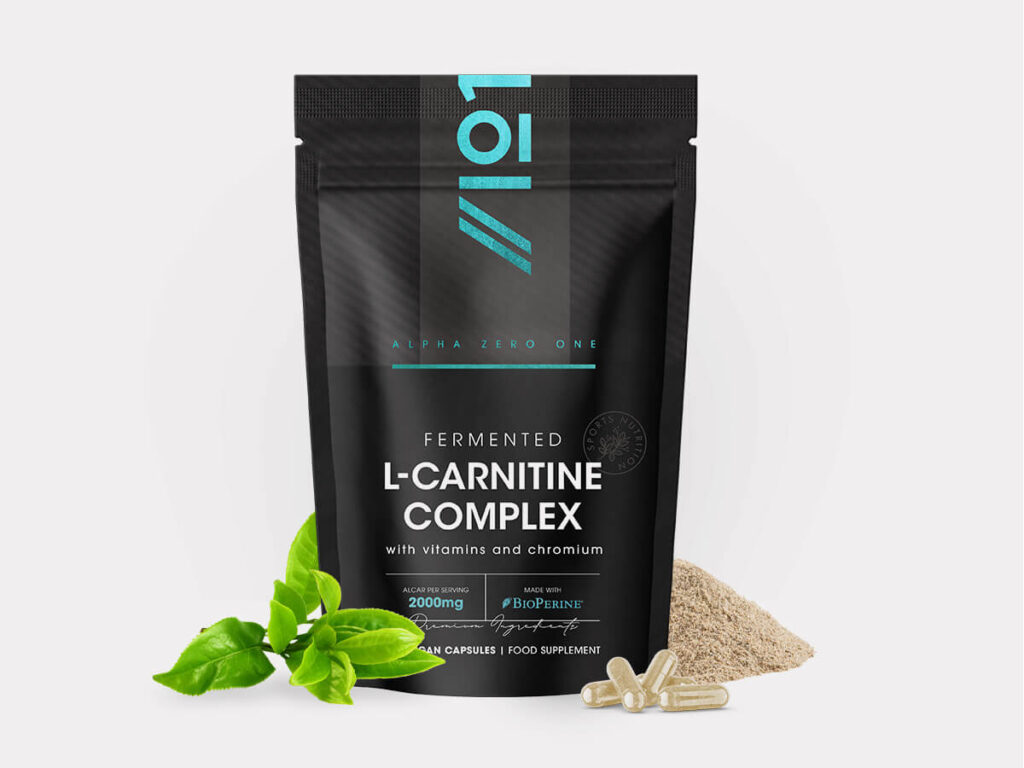 Bottle of 120 capsules containing 2000mg Acetyl L-Carnitine with BioPerine, biotin, chromium, vitamins B2, B3, B6, and D