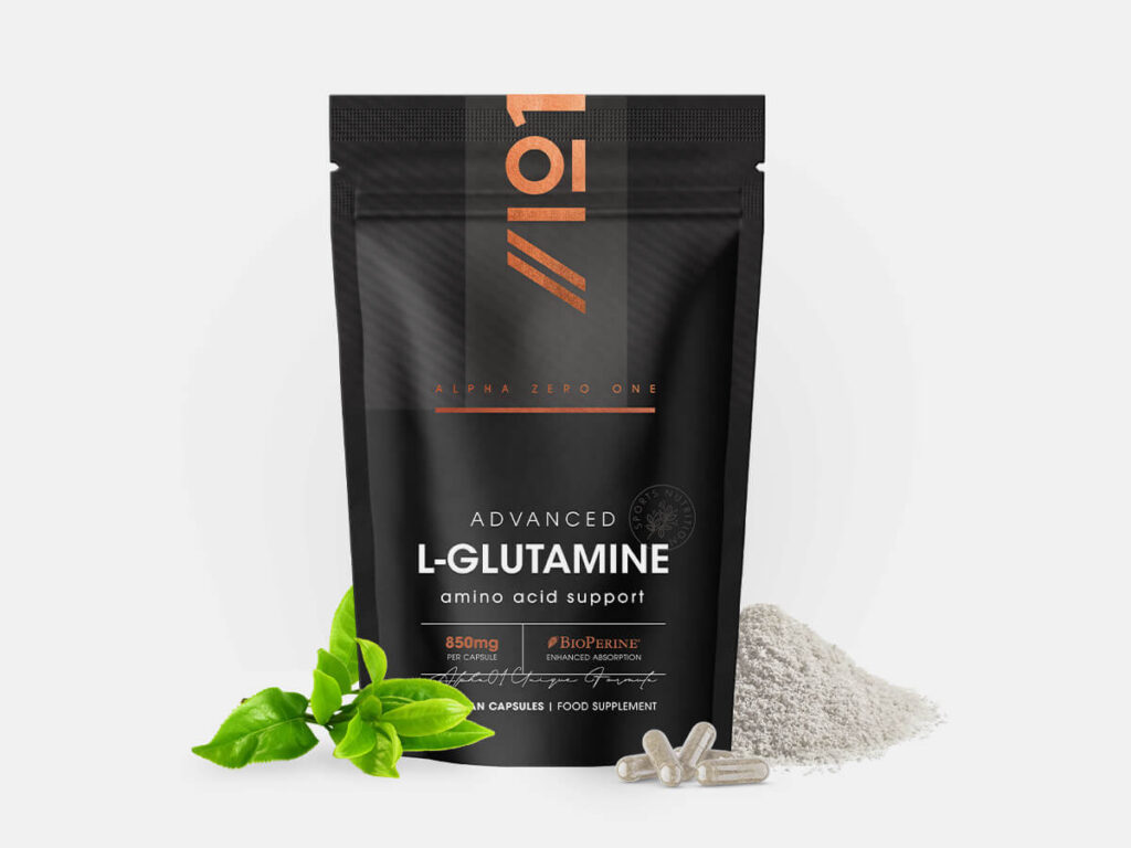 Bottle of 90 capsules L-Glutamine 850mg with BioPerine, vegan fermented amino acid, Non-GMO, gluten free