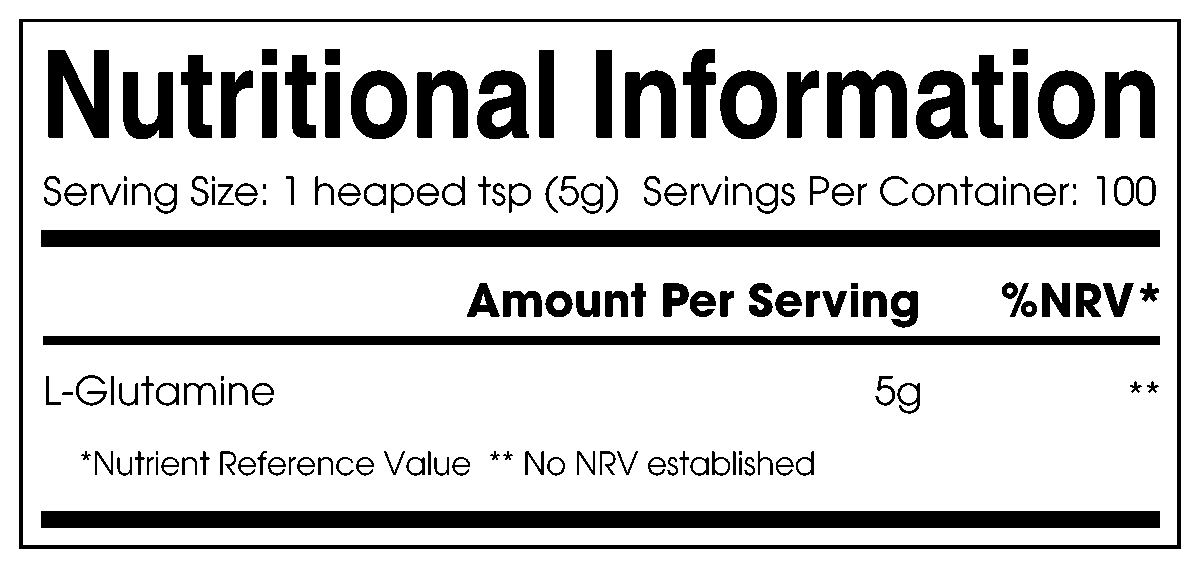 Nutritional information panel of Alpha01 L-Glutamine Powder per heaped teaspoon, 5g: L-glutamine 5g, no NRV established, 100 servings