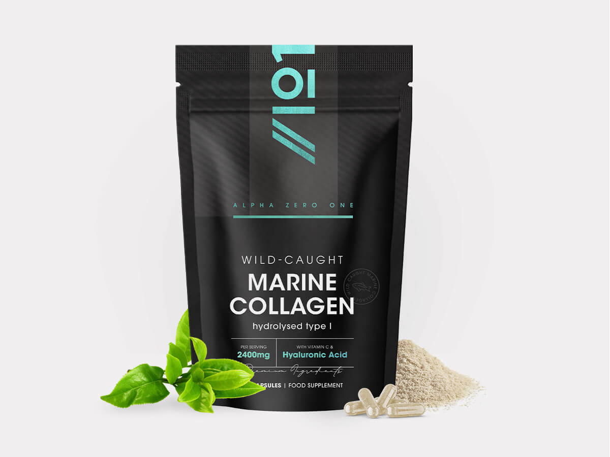 Bottle of 90 capsules containing marine collagen peptides, vitamin C, E, B2, zinc, copper, iodine, and hyaluronic acid