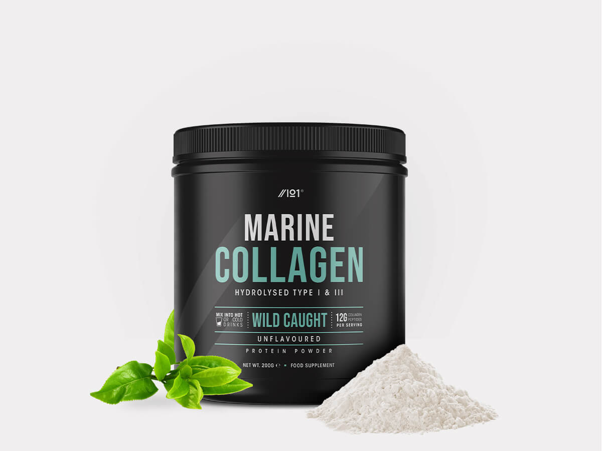 Container of Alpha01 marine collagen powder, 200g, unflavoured, hydrolysed collagen peptides types I and III