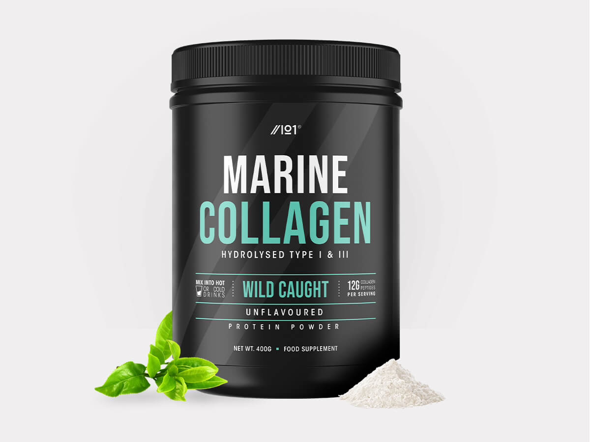 Container of Alpha01 marine collagen powder, 400g, hydrolysed collagen peptides types I and III