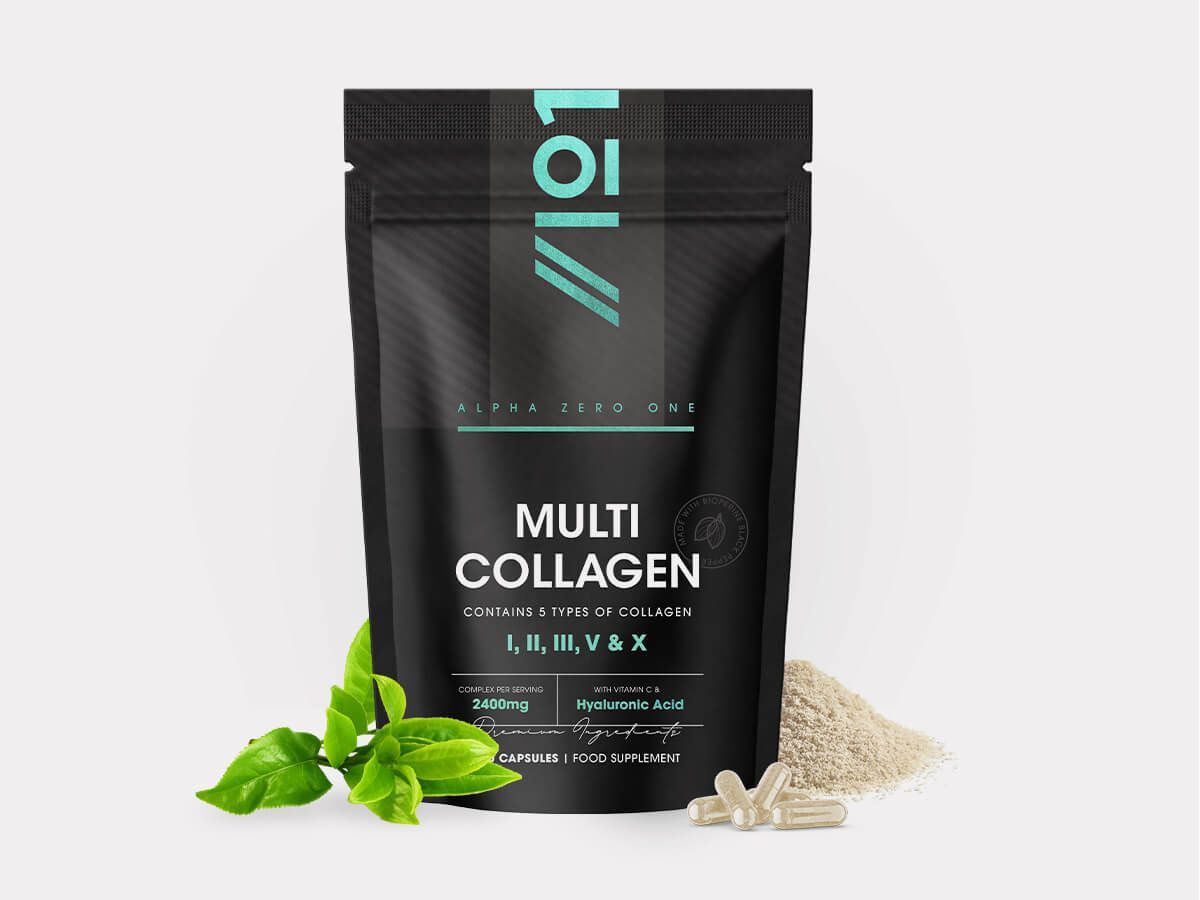 Bottle of 180 capsules containing multi collagen complex with marine, bovine, chicken, eggshell, hyaluronic acid, vitamin C