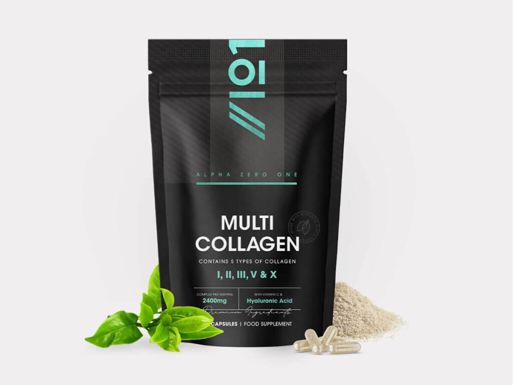 Bottle of 90 capsules containing multi collagen complex with marine, bovine, chicken collagen, hyaluronic acid, vitamin C