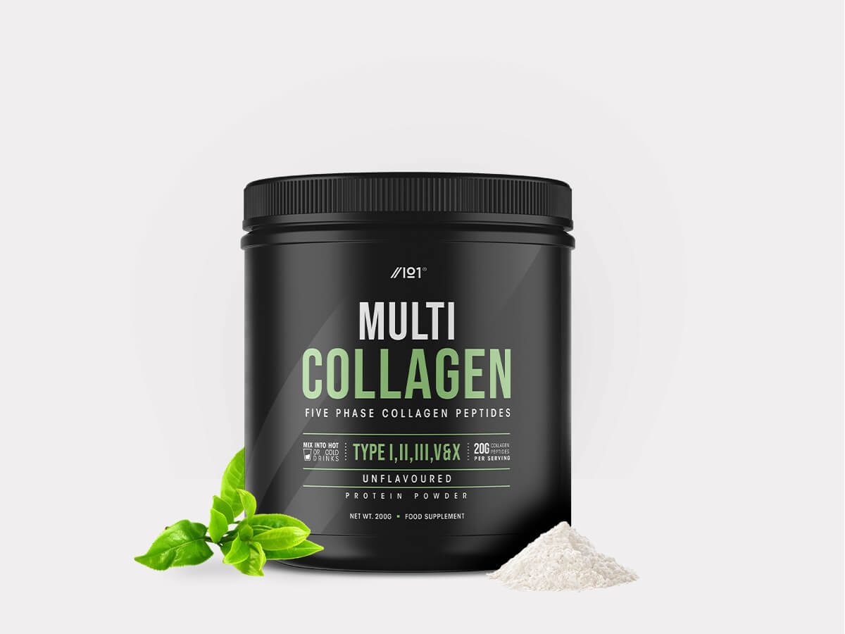 Container of Alpha01 Multi Collagen Powder with 200g hydrolyzed collagen from bovine, fish, chicken, eggshell