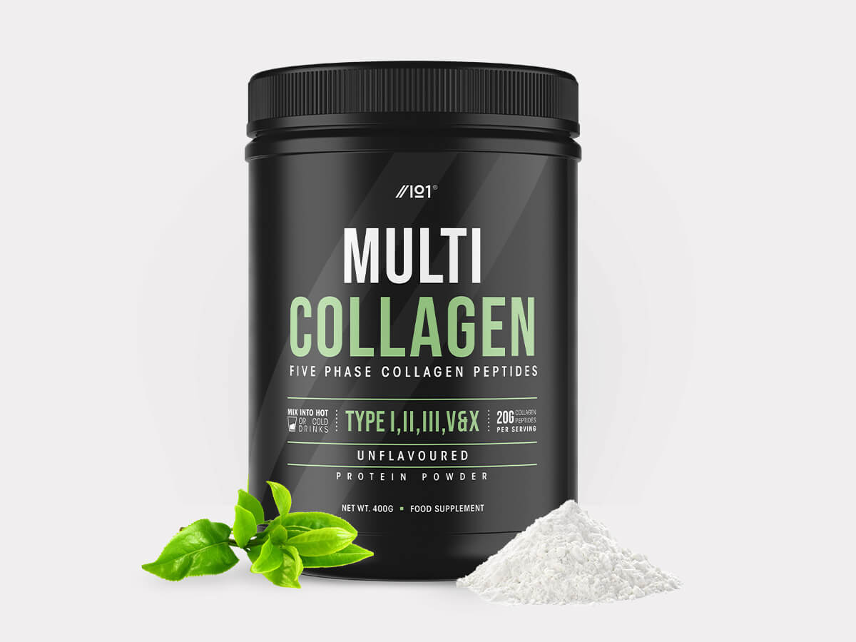 Container of Alpha01 Multi Collagen Protein Powder 400g with bovine, fish, chicken, eggshell collagen