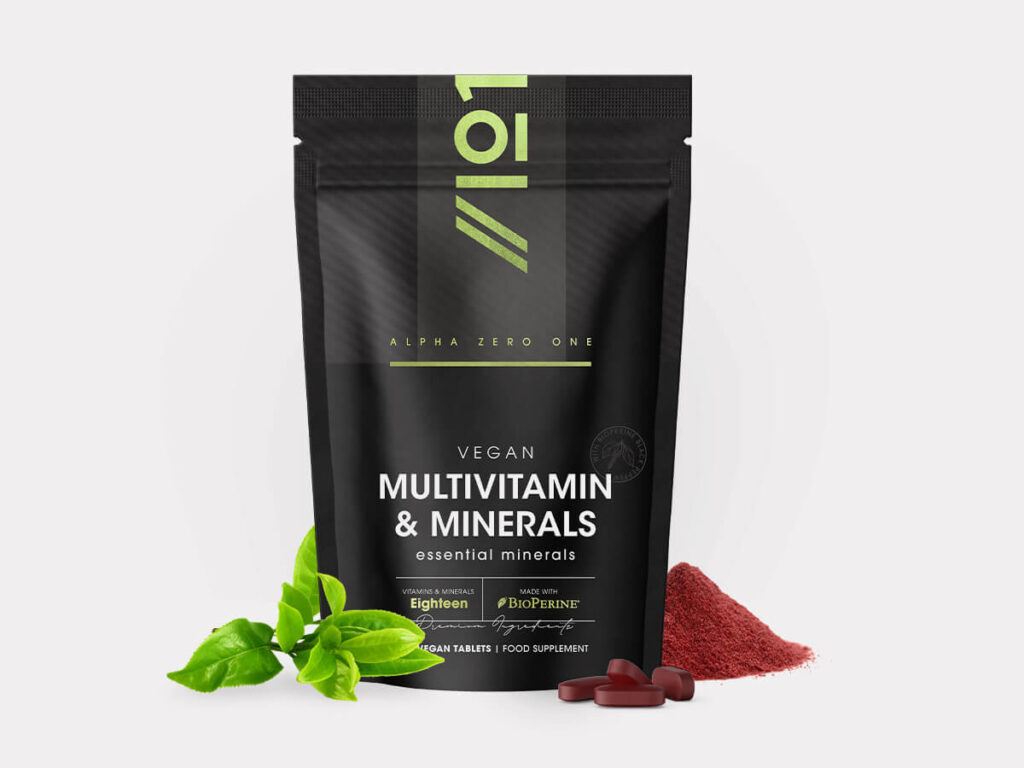 Bottle of 90 vegan tablets with 18 vitamins and minerals including Iron, Vitamin C, B12, D3