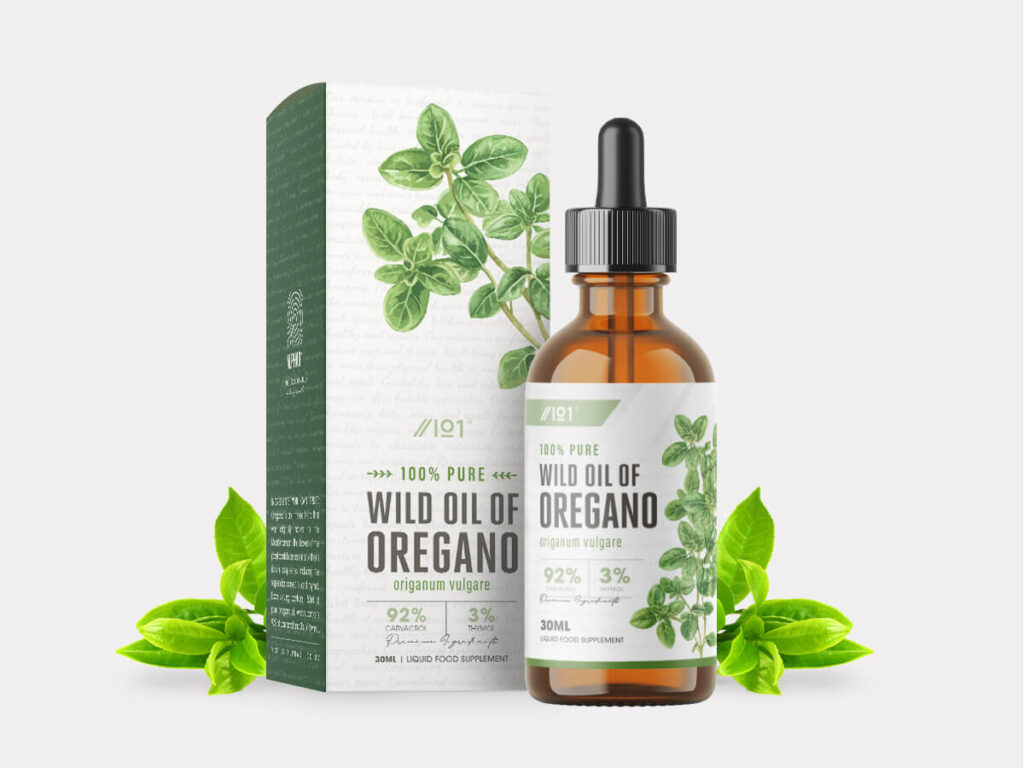 Glass bottle containing 30ml oregano oil tincture with 92% carvacrol and 3% thymol