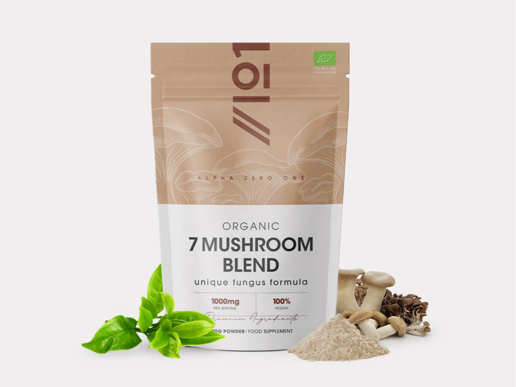 Container of Alpha01 organic mushroom blend powder 100g with Reishi, Cordyceps, Lion's Mane, Maitake, Shiitake, Chaga, White Fungus