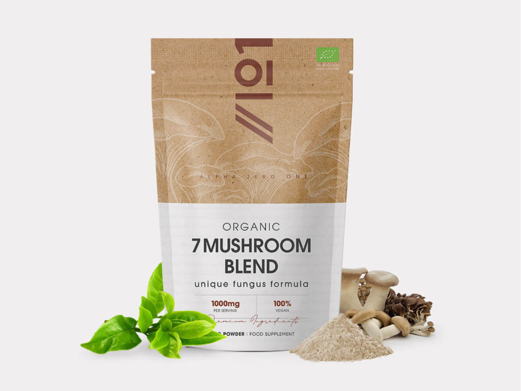 Container of 250g powder with organic Reishi, Cordyceps Sinensis, Lion's Mane, Maitake, Shiitake, Chaga, White Fungus