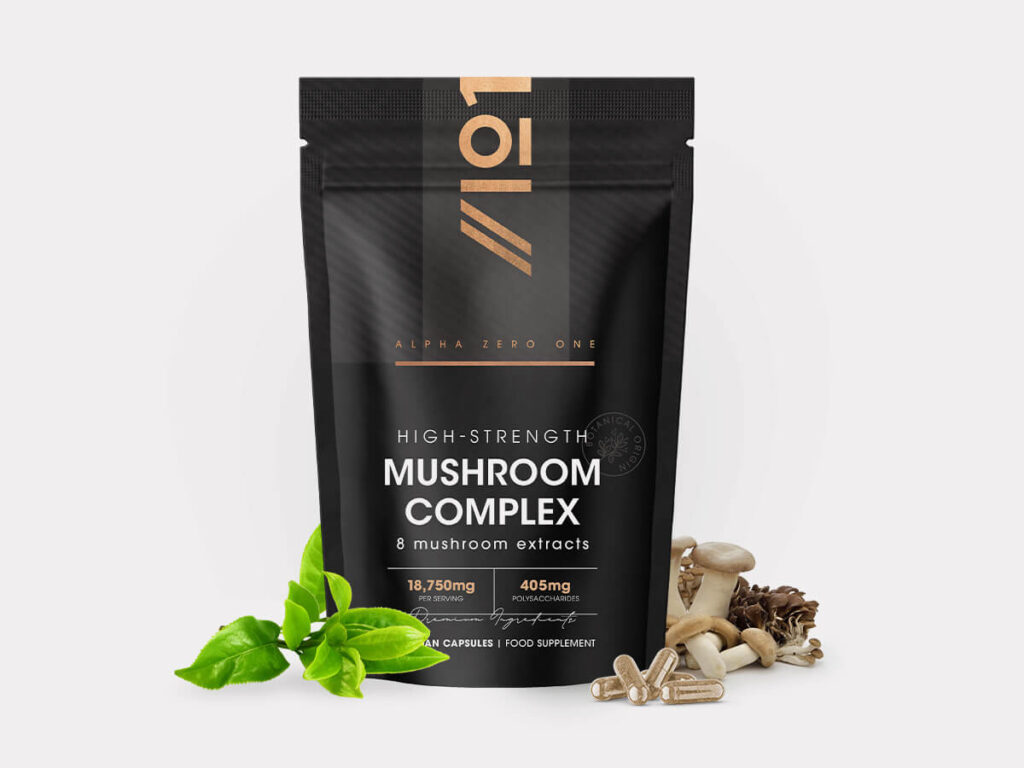 Bottle of 90 capsules containing organic 8 mushroom complex with polysaccharides and beta-glucans