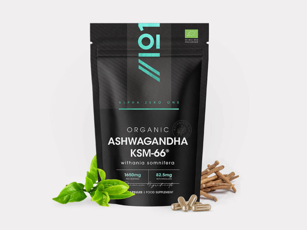 Bottle of 90 capsules with organic Ashwagandha KSM-66 and BioPerine black pepper extract