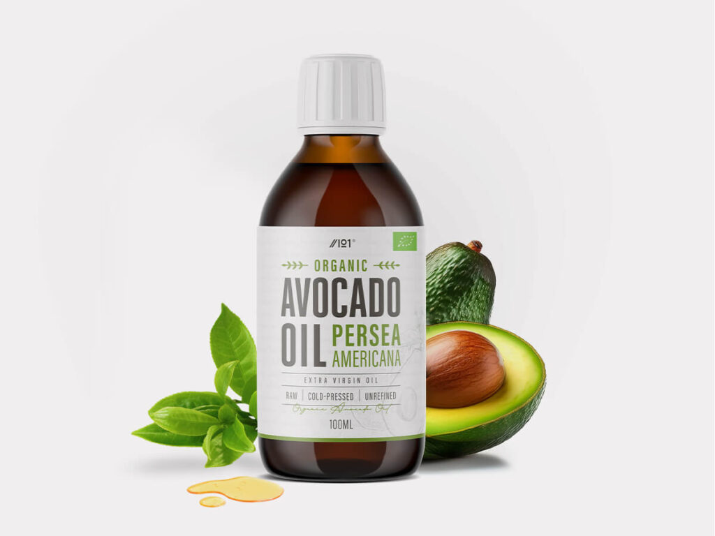 Glass bottle of 100ml extra virgin organic avocado oil, cold pressed, sustainably sourced