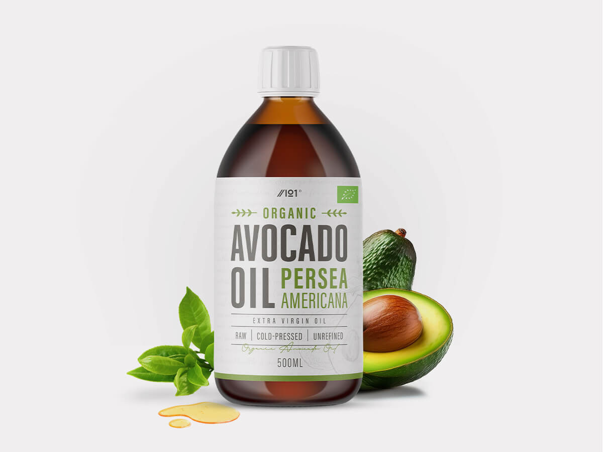 Bottle of Alpha01 organic extra virgin cold pressed avocado oil 500ml, sustainably sourced