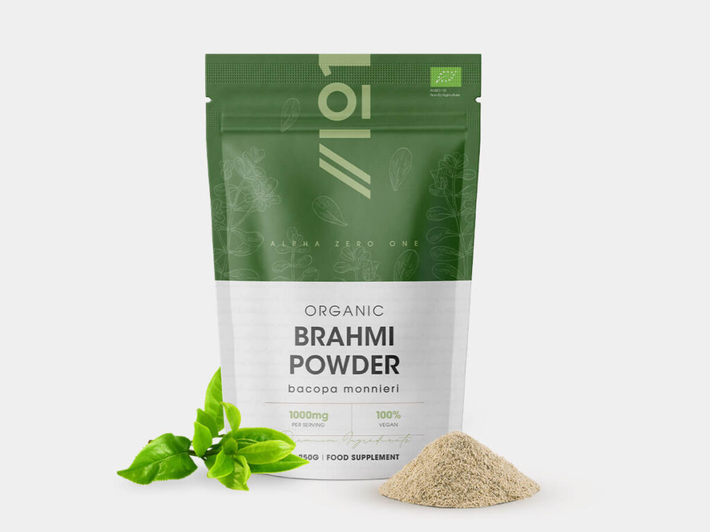 Container of Alpha01 organic Bacopa Monnieri powder 250g made from pure Indian Bacopa leaf