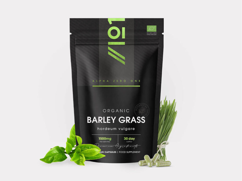 Alpha01 Organic Barley Grass 1500mg, 90 vegan capsules pouch: Hordeum vulgare young leaf powder, 1,500mg per serving, 30 day supply, certified organic