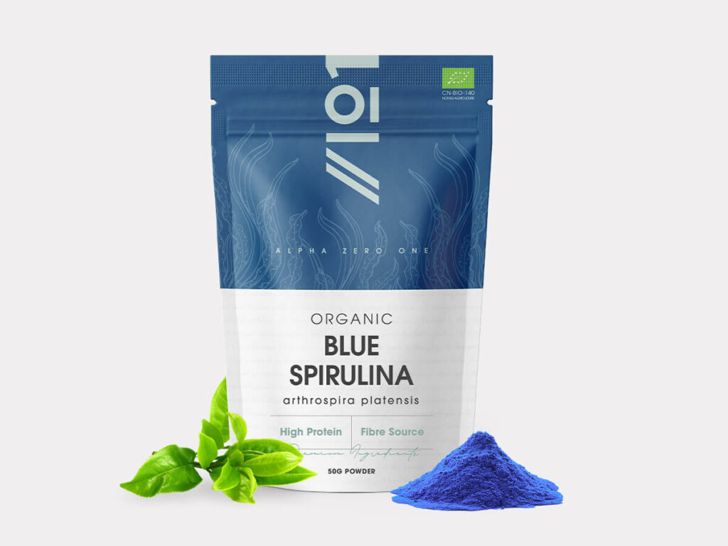Resealable pouch of Organic Blue Spirulina powder 50g, pure phycocyanin, protein-rich, vegan-friendly