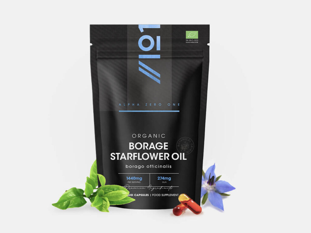 Resealable pouch with 60 vegan liquid capsules of Organic Borage Starflower Oil 1440mg with 274mg GLA