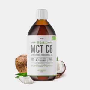500ml bottle of Alpha01 Organic C8 MCT Oil, pure cold pressed coconut oil with caprylic acid