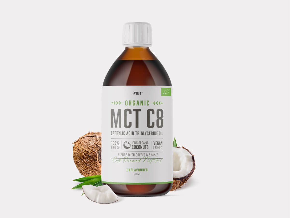 500ml bottle of Alpha01 Organic C8 MCT Oil, pure cold pressed coconut oil with caprylic acid