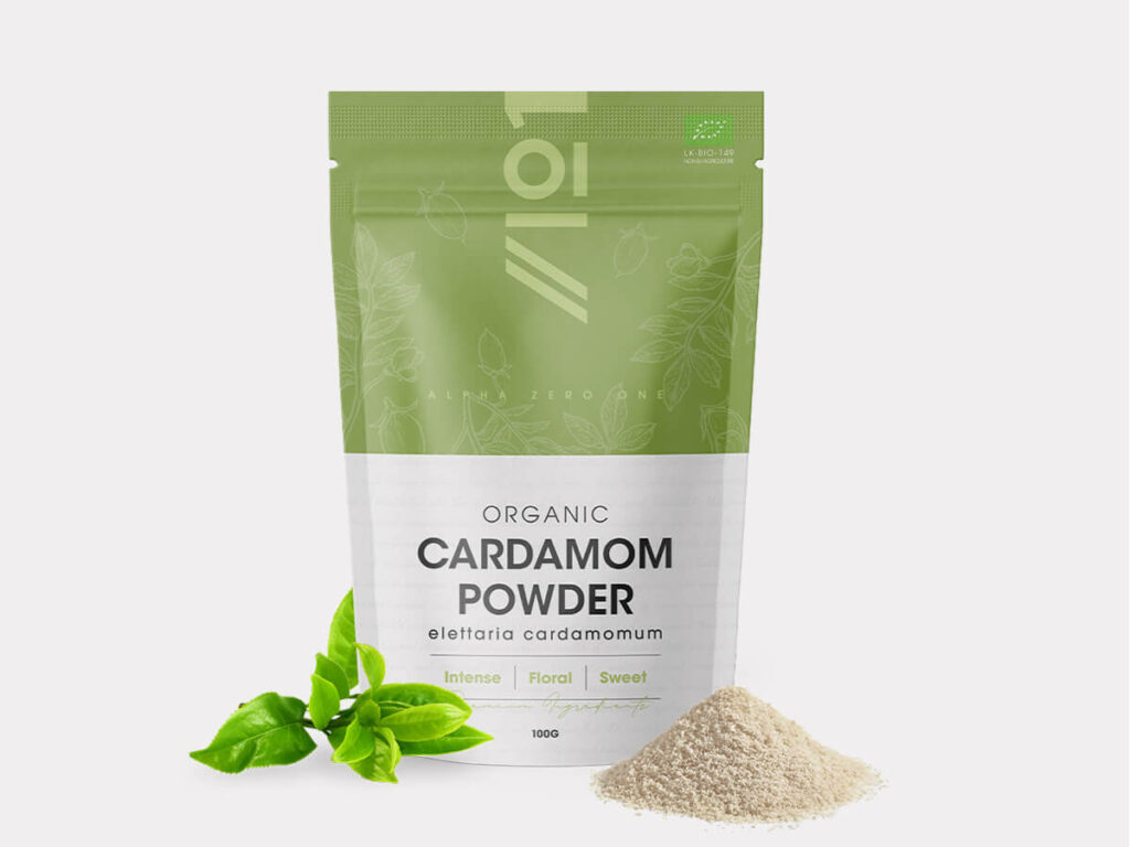Glass jar of Organic Cardamom Powder 100g containing Elettaria Cardamomum from Sri Lanka