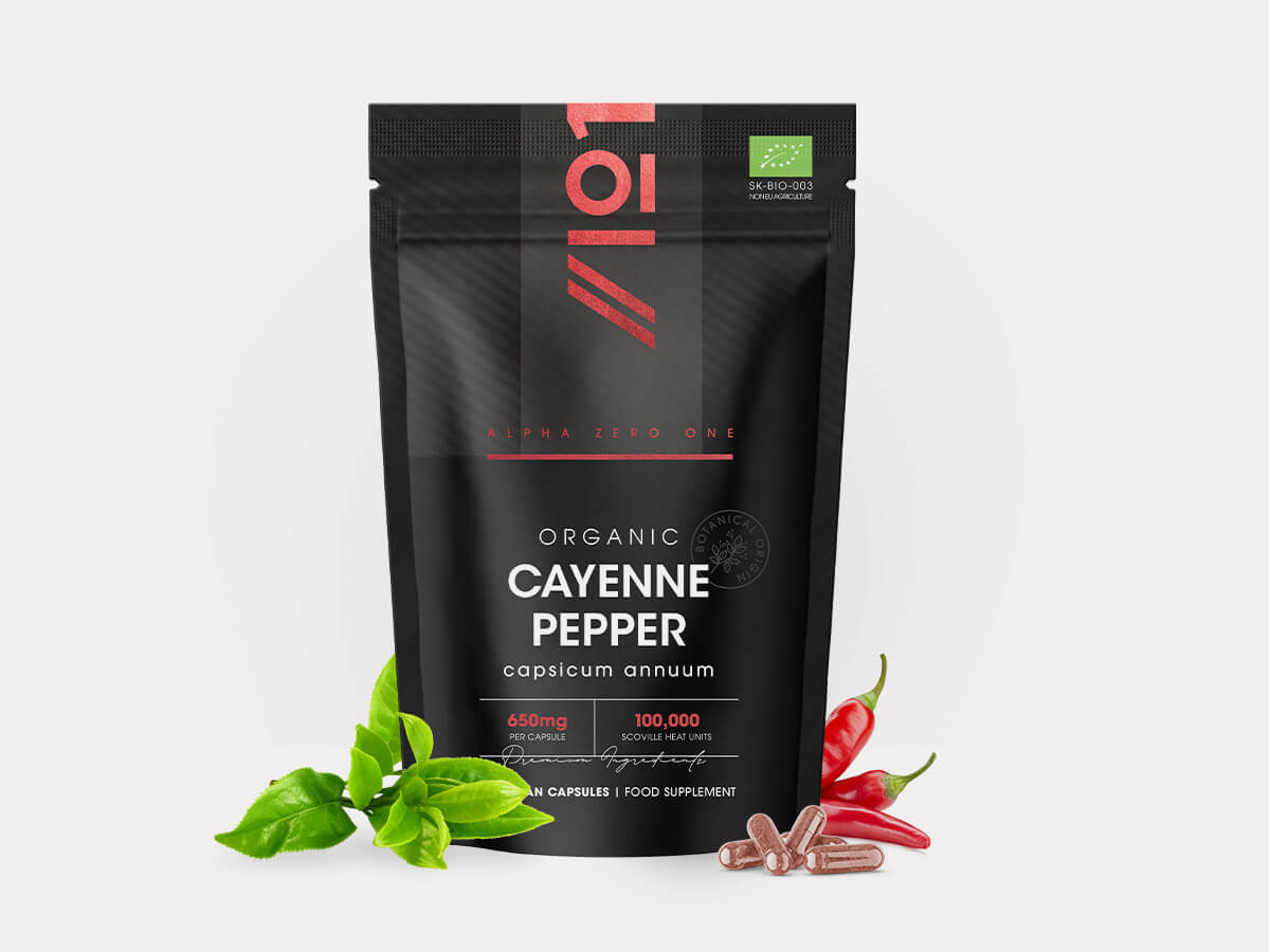 Alpha01 Organic Cayenne Pepper pouch, Capsicum annuum, 650mg per capsule, 100,000 Scoville heat units, vegan capsules