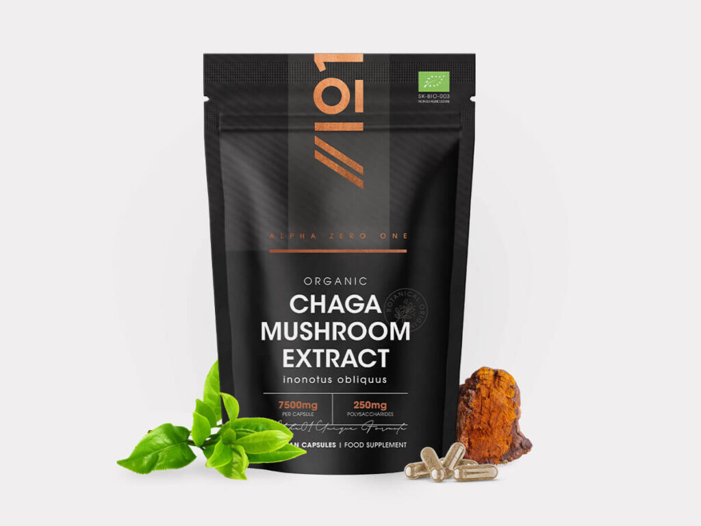 Resealable pouch with 90 vegan capsules of organic Chaga mushroom extract containing 7500mg per serving
