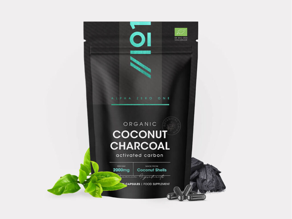 Plastic bottle with 90 capsules, activated organic coconut charcoal from Thai coconut shells