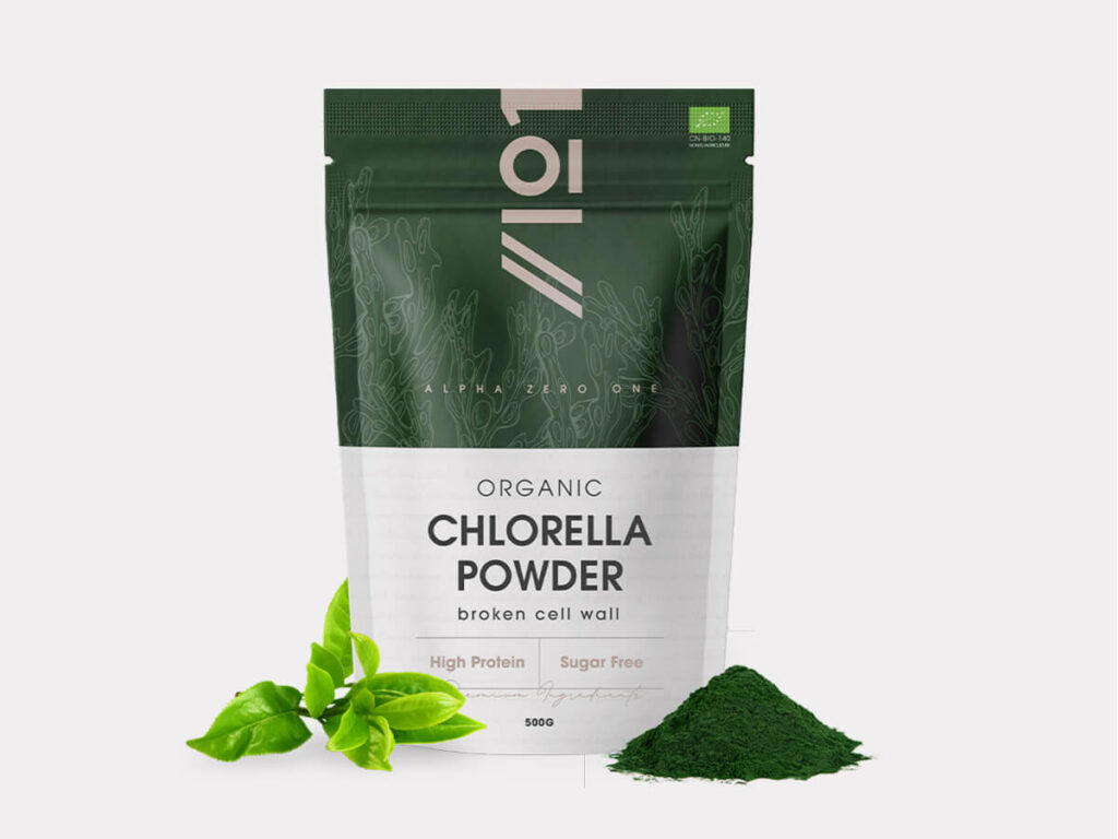 Container of 500g organic chlorella powder, broken cell-wall, vegan, sugar-free, high protein