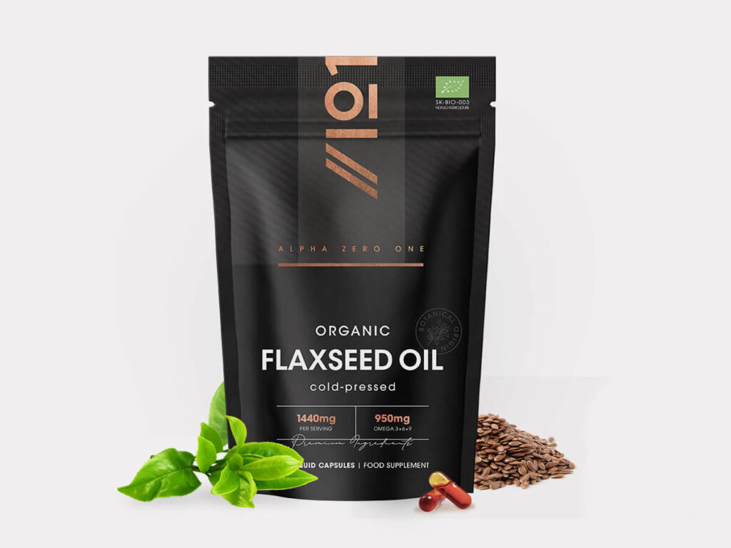Bottle of 120 vegan liquid capsules containing cold-pressed organic flaxseed oil with omega-3, omega-6, omega-9
