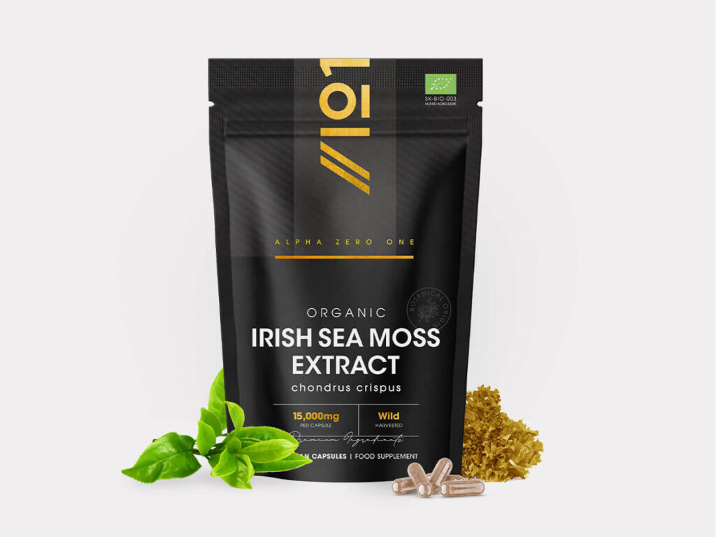 Resealable pouch with 90 vegan capsules of organic Irish sea moss extract 15000mg, wild harvested